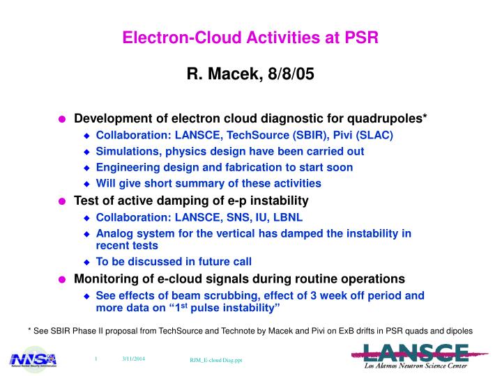 electron cloud activities at psr r macek 8 8 05
