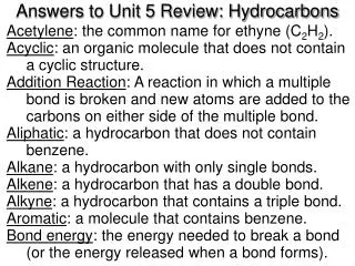 Answers to Unit 5 Review: Hydrocarbons