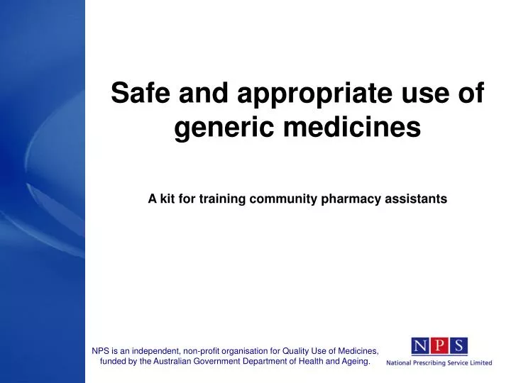 safe and appropriate use of generic medicines a kit for training community pharmacy assistants