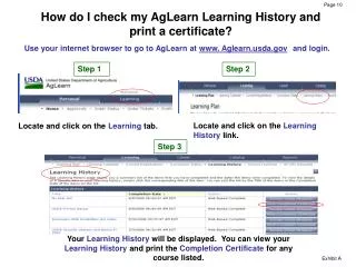 How do I check my AgLearn Learning History and print a certificate?