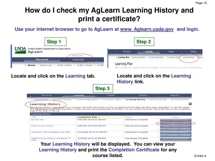 how do i check my aglearn learning history and print a certificate