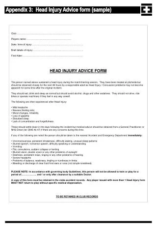 Appendix 3: Head Injury Advice form (sample)