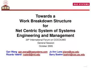 Towards a Work Breakdown Structure for Net Centric System of Systems Engineering and Management