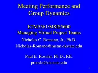 Meeting Performance and Group Dynamics ETM5361/MSIS5600 Managing Virtual Project Teams