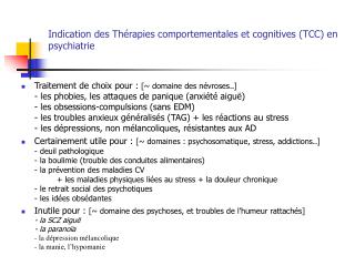 Indication des Thérapies comportementales et cognitives (TCC) en psychiatrie