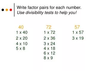 Write factor pairs for each number. Use divisibility tests to help you!