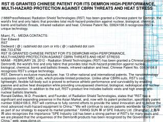 RST IS GRANTED CHINESE PATENT FOR ITS DEMRON HIGH-PERFORMANC
