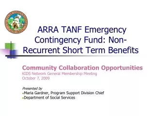 ARRA TANF Emergency Contingency Fund: Non-Recurrent Short Term Benefits