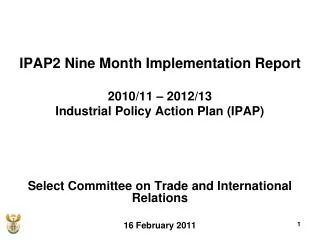 IPAP2 Nine Month Implementation Report 2010/11 – 2012/13 Industrial Policy Action Plan (IPAP) Select Committee on Trade