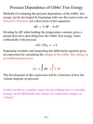 Pressure Dependence of Gibbs’ Free Energy