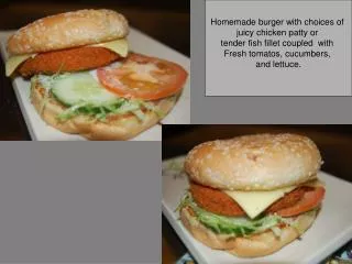Homemade burger with choices of juicy chicken patty or tender fish fillet coupled with Fresh tomatos, cucumbers, an