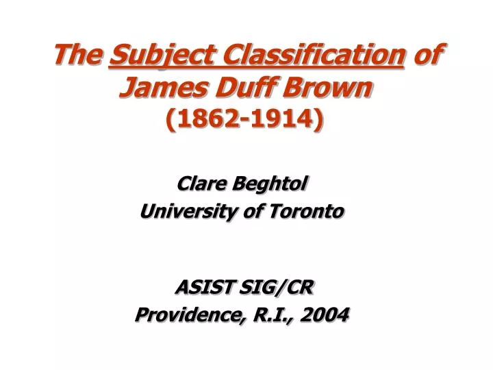 the subject classification of james duff brown 1862 1914