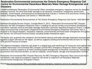 Restoration Environmental announces the Ontario Emergency Re