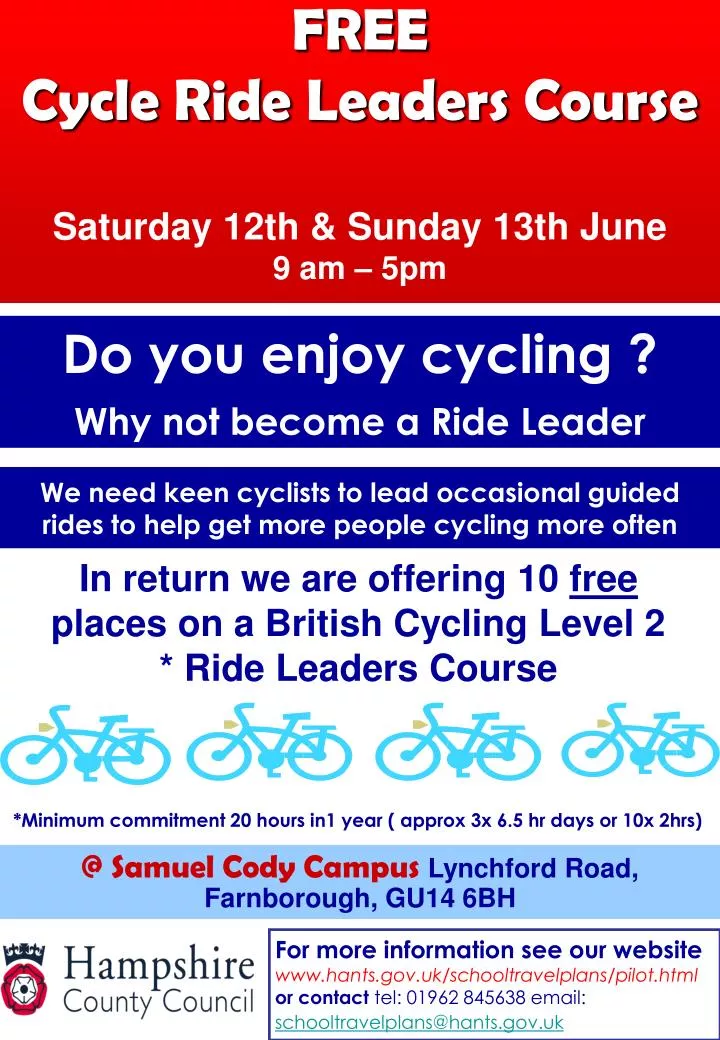 free cycle ride leaders course saturday 12th sunday 13th june 9 am 5pm