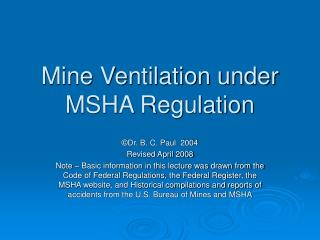 Mine Ventilation under MSHA Regulation