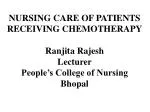 NURSING CARE OF PATIENTS RECEIVING CHEMOTHERAPY Ranjita Rajesh Lecturer People’s College of Nursing Bhopal