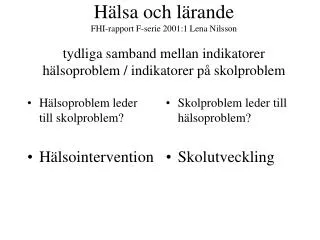 Hälsa och lärande FHI-rapport F-serie 2001:1 Lena Nilsson tydliga samband mellan indikatorer hälsoproblem / indikatorer