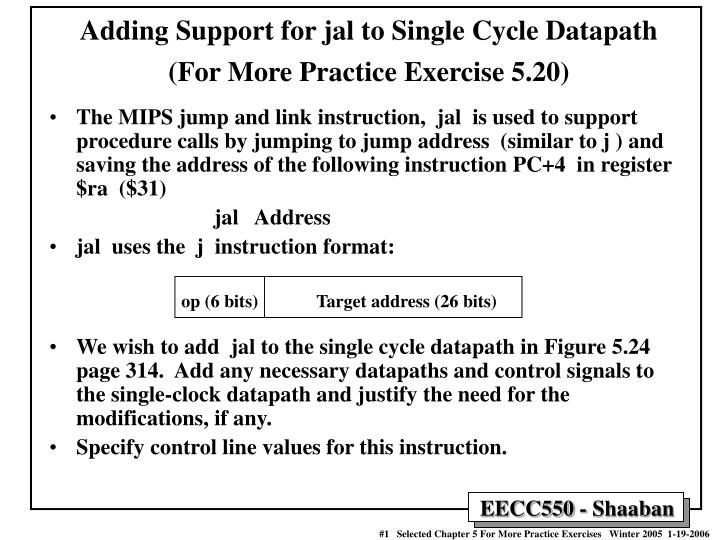 adding support for jal to single cycle datapath for more practice exercise 5 20