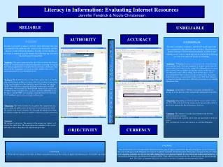 Literacy in Information: Evaluating Internet Resources Jennifer Fendrick &amp; Nicole Christensen