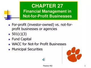 For-profit (investor-owned) vs. not-for-profit businesses or agencies 501(c)(3) Fund Capital WACC for Not-for Profit Bus