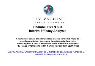 Phambili/HVTN 503 Interim Efficacy Analysis A multicenter double-blind randomized placebo-controlled Phase IIB