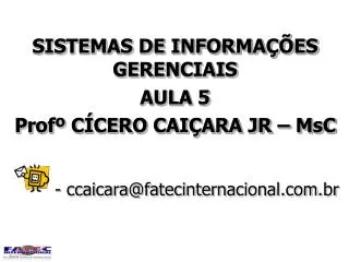 SISTEMAS DE INFORMAÇÕES GERENCIAIS AULA 5 Profº CÍCERO CAIÇARA JR – MsC - ccaicara@fatecinternacional.br