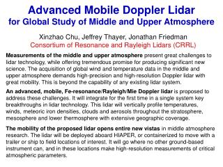 Advanced Mobile Doppler Lidar for Global Study of Middle and Upper Atmosphere
