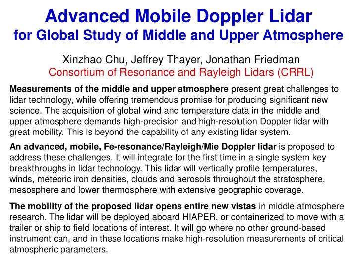advanced mobile doppler lidar for global study of middle and upper atmosphere