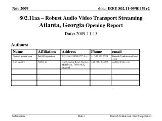 802.11aa – Robust Audio Video Transport Streaming Atlanta, Georgia Opening Report