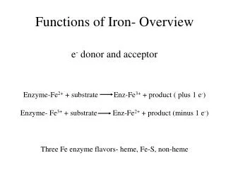 Functions of Iron- Overview e - donor and acceptor Enzyme-Fe 2+ + substrate 	Enz-Fe 3+ + product ( plus 1 e - )