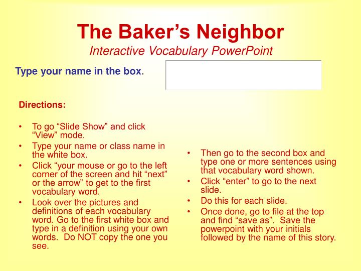 the baker s neighbor interactive vocabulary powerpoint
