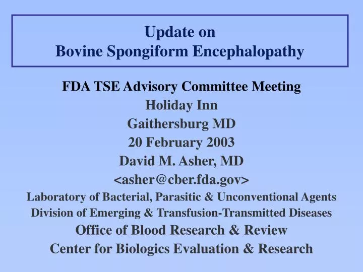 update on bovine spongiform encephalopathy