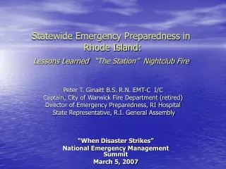 Statewide Emergency Preparedness in Rhode Island: Lessons Learned “The Station” Nightclub Fire