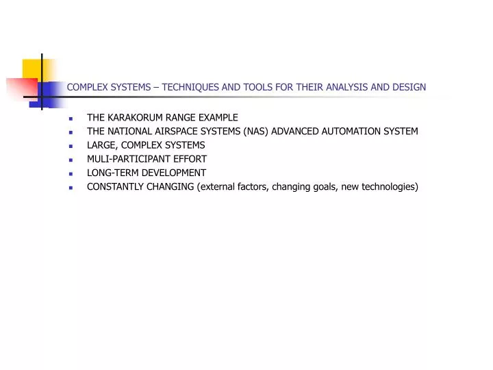 complex systems techniques and tools for their analysis and design