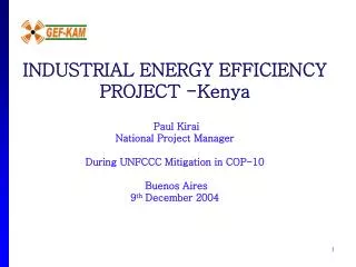 INDUSTRIAL ENERGY EFFICIENCY PROJECT -Kenya Paul Kirai National Project Manager During UNFCCC Mitigation in COP-10 Bue