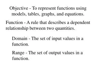 Objective - To represent functions using models, tables, graphs, and equations.