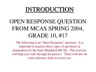 OPEN RESPONSE QUESTION FROM MCAS SPRING 2004, GRADE 10, #17