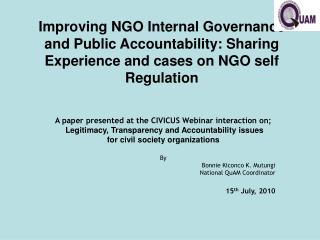Improving NGO Internal Governance and Public Accountability: Sharing Experience and cases on NGO self Regulation