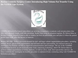 Boston Cosmetic Surgery Center Introducing High Volume Fat T
