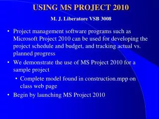 USING MS PROJECT 2010