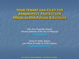YOUR TENANT HAS FILED FOR BANKRUPTCY PROTECTION Effects on PHA Policies &amp; Evictions