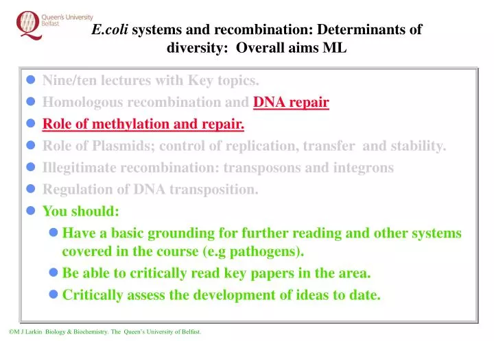 e coli systems and recombination determinants of diversity overall aims ml