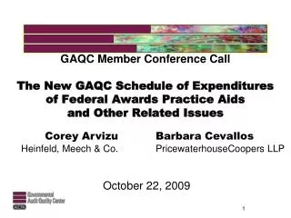GAQC Member Conference Call The New GAQC Schedule of Expenditures of Federal Awards Practice Aids and Other Related Iss