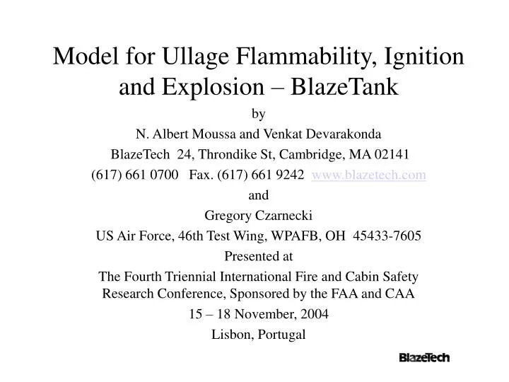 model for ullage flammability ignition and explosion blazetank