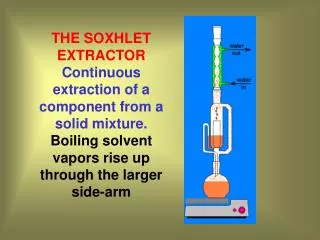 THE SOXHLET EXTRACTOR Continuous extraction of a component from a solid mixture. Boiling solvent vapors rise up through