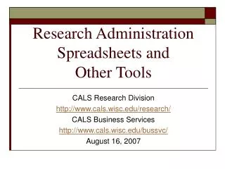 Research Administration Spreadsheets and Other Tools
