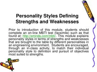 Personality Styles Defining Strengths and Weaknesses