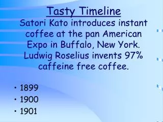 Tasty Timeline Satori Kato introduces instant coffee at the pan American Expo in Buffalo, New York. Ludwig Roselius inv