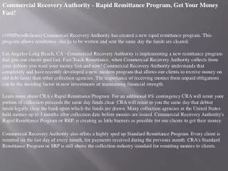 Commercial Recovery Authority - Rapid Remittance Program