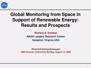 Global Monitoring from Space in Support of Renewable Energy: Results and Prospects